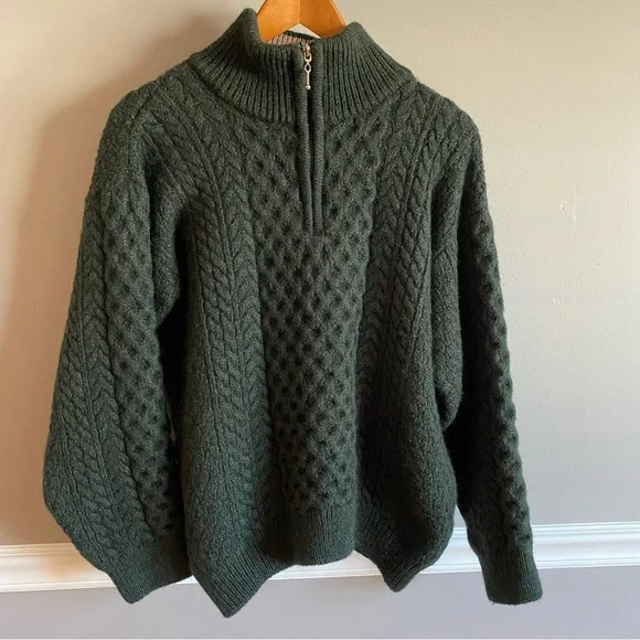 Blarney Woollen Mills Ireland 100% Merino Wool Aran Green Half Zip Size L - Picture 7 of 11